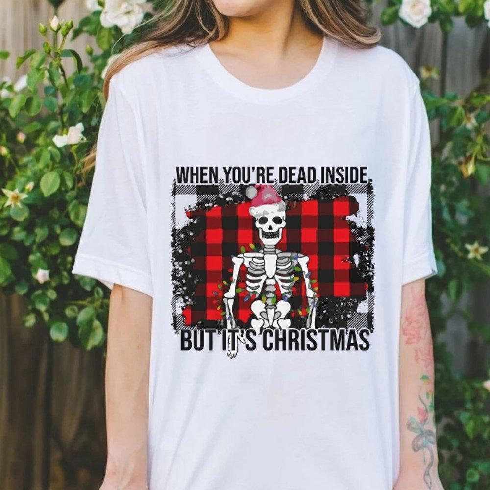 Dead Inside But Its Christmas Unisex White Tee Shirt, Cotton Crewneck Tee Shirt